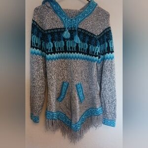 Alpaca Knit Sweater "Artesania Edm" Made in Peru Fringed Pockets Hood Size S/M